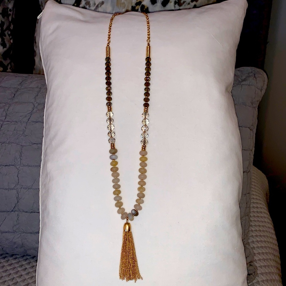 Necklace - Gold & Grays beads with Tassel